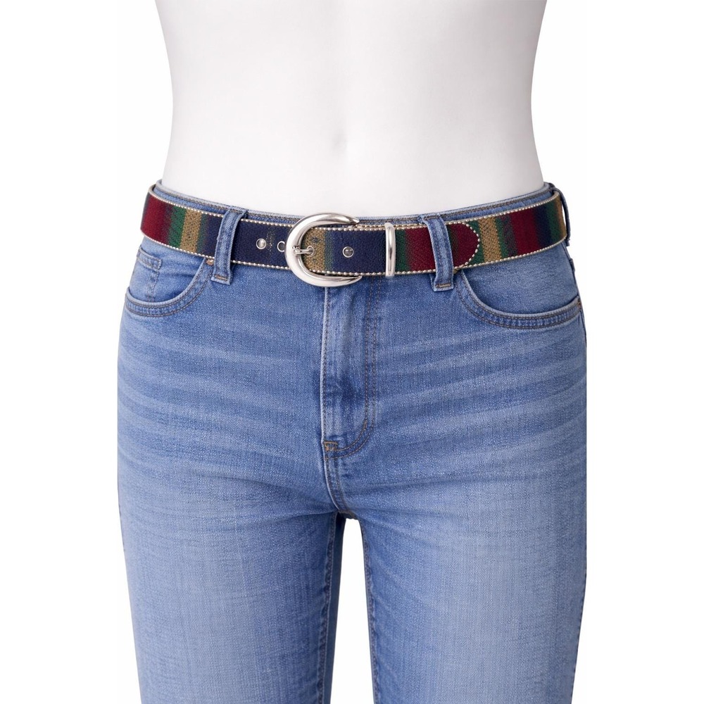 Woven Southwestern Striped Belt Silver Horseshoe Buckle Ball Chain Trim Medium